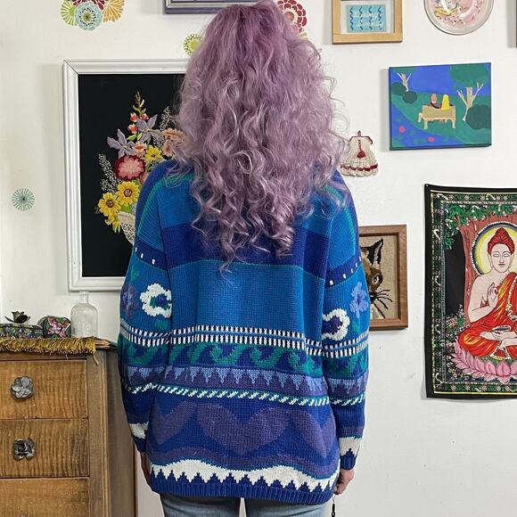 Vintage Blue Flower Graphic Sweater, 1990s Textured Cotton Floral Sweater Sz L - Picture 3 of 10